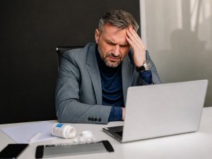 Man with headache at laptop, pills on desk