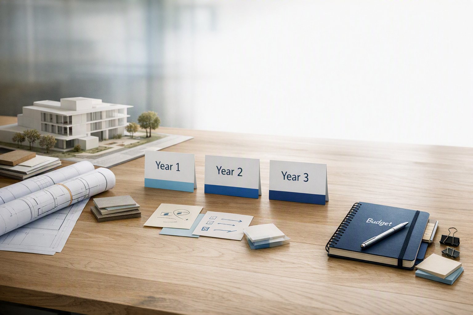 Wooden desk with architectural model, blue budget notebook, and Year 1, 2, and 3 planning cards
