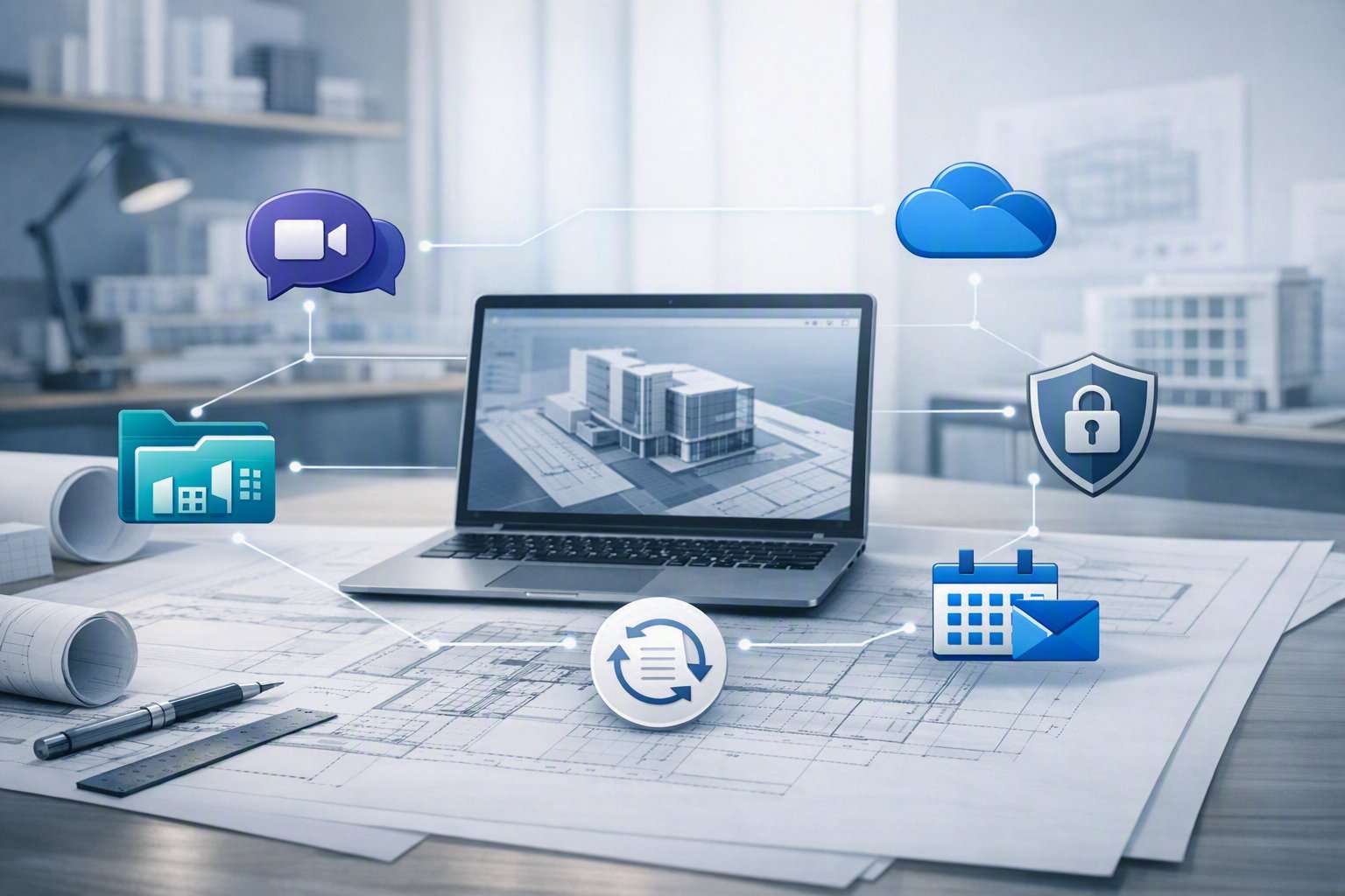 Laptop displaying 3D building model with Microsoft 365 icons