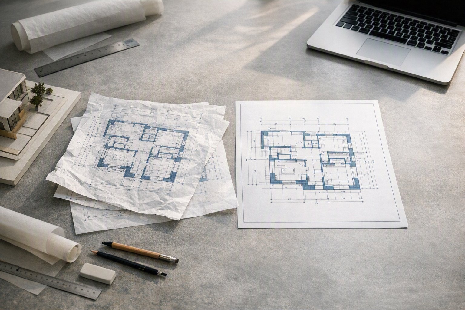 Architectural blueprints and laptop on desk for architecture firm data backup