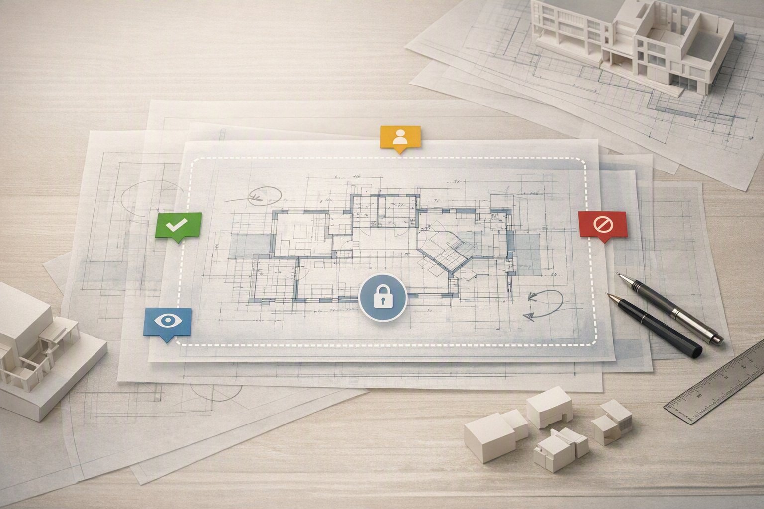 Architectural blueprints with security icons overlaid on drafting table